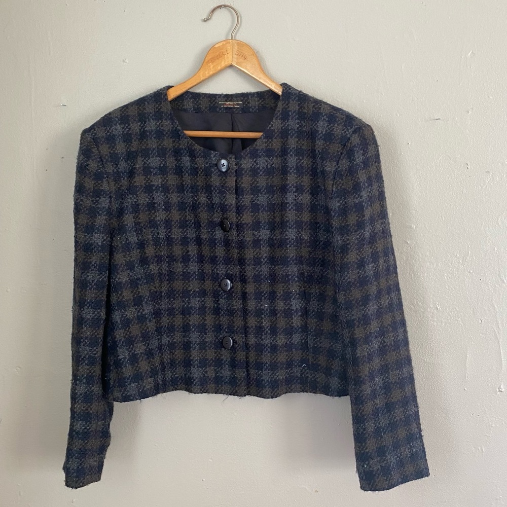 Vtg. Tweed Checkered Button Front Cropped Blazer Jacket Size Large